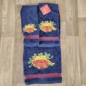 JCPenney Home Collection Christmas Towels Set Of 3 Blue Embroidered Ornaments